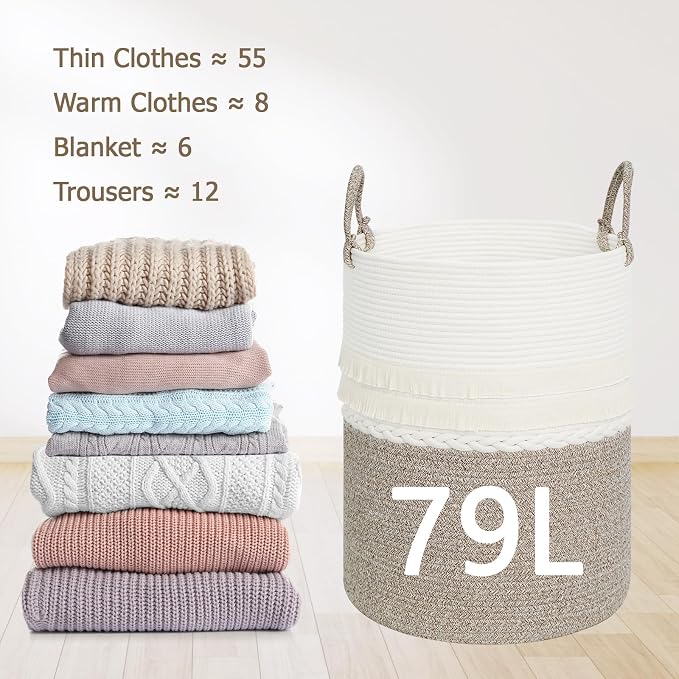 danpinera 79 L Large Laundry Basket, Tall Woven Cotton Storage Hamper with Handles, Dirty Clothes Hamper in Bathroom, Decorative Storage Basket for Living Room White & Brown - Image 4