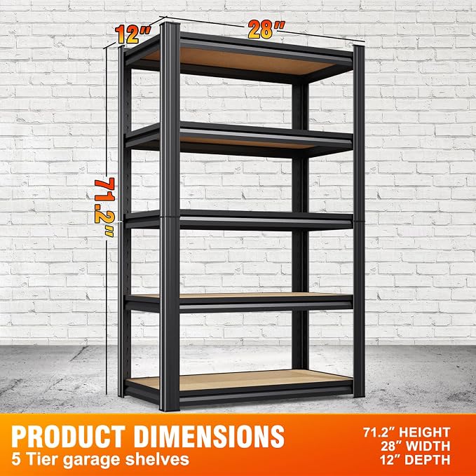 71.2"H Storage Shelves, 5 Tier Adjustable Wood Garage Shelving, Utility Tall Metal Shelving Unit, Easy to install Standing Garage Storage for Warehouse,Bedroom,Basement,31.5"W X 13.8"D X 71.2"H - Image 3