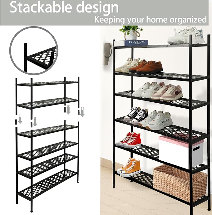 Shoe Rack, 4-Tier Long Shoe Rack, Stackable Shoe Storage Organizer Expandable Shoe Shelf Stand, Holds up to 25-30 Pairs of Shoes for Entryway, Garage, Front Door Entrance, Metal,45.6in Black - Image 5