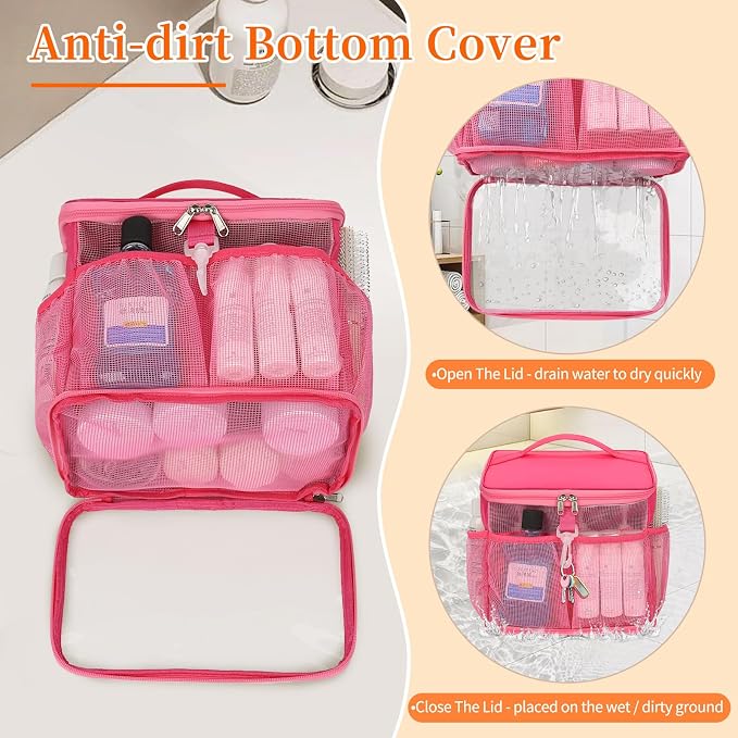 CUBETASTIC Shower Caddy Portable Mesh Shower Tote for Bathroom, Gym, Travel, Camping - Quick Dry Hanging Organizer Toiletry Bag with Handle for College Dorm Room, Men & Women (A# Hot Pink, 9.8") - Image 5