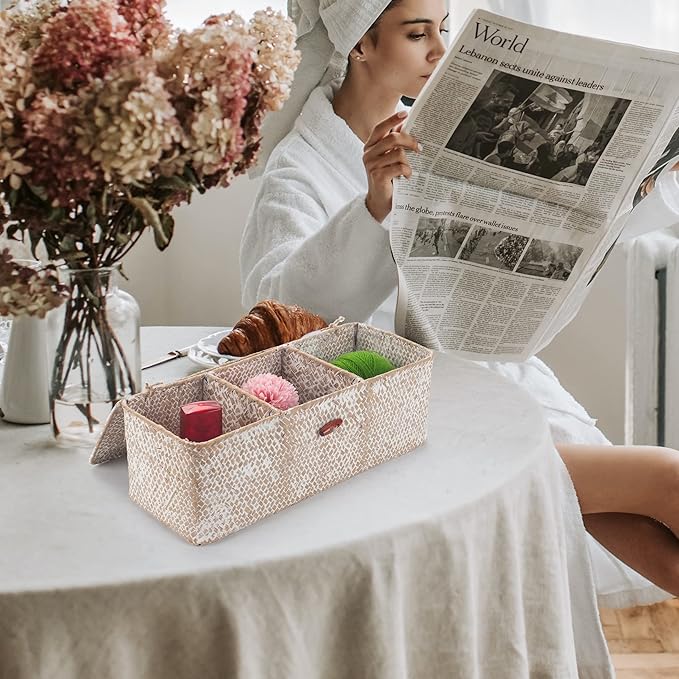 Seagrass Storage Basket with Lid Rectangular Small Woven Shelf Baskets with Sections for Organize Snack Toys Whitewash - Image 6