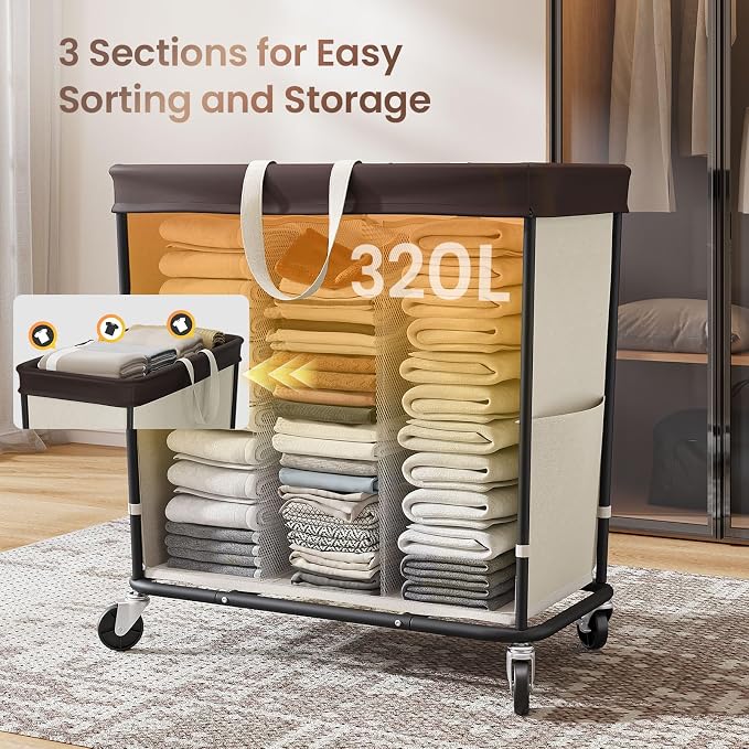 320L Laundry Basket with Wheels, 3-Section Rolling Hamper for Laundry, Extra Large Laundry Hamper with Wheels, Clothes Hamper Rolling Laundry Basket for Home, Bathrooms and Dorm(Beige) - Image 4