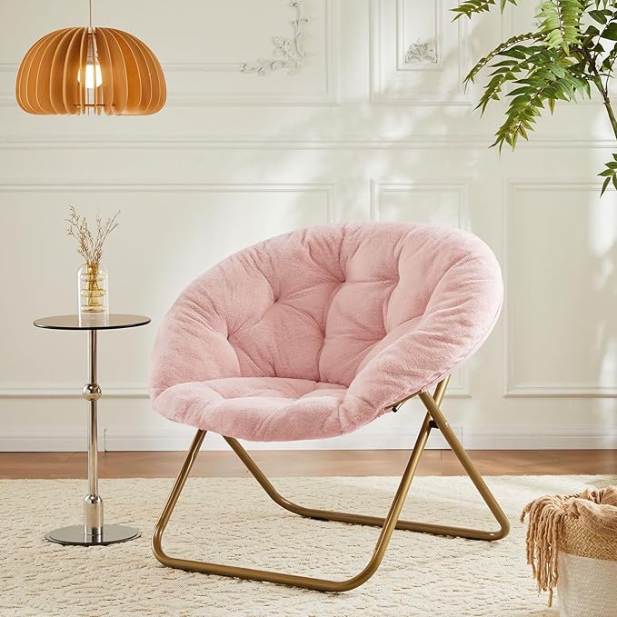 Sweetcrispy Saucer Chairs, Comfy Folding Cozy Faux Fur Living Room Reading Lounge Chair with Soft Thick Padded Seat & Metal Frame Modern Style Bedroom Home Dorm for Kids Adults, X-Large - Peach