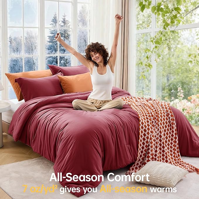 MUXHOMO Queen Comforter Set, All Season Ultra Soft Down Alternative Bedding - 3 Piece Lightweight Bed Set Includes 1 Comforter (90"x90") and 2 Pillow Shams (20"x26"), Burgundy Red