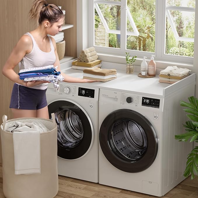 Aheaplus Washer and Dryer Countertop, Laundry Room Organization with Non-Slip Pads, Wood Shelf Topper with Round Corner Edge Rails, Folding Organizer for Laundry, 54" W x 27.5" D, White - Image 3