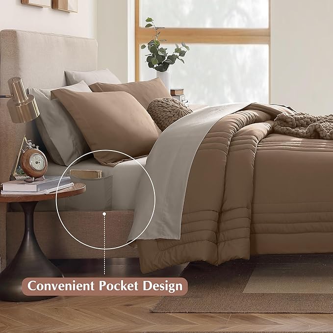 Monbix Full Comforter Set - 7 Pieces Umber Bed in a Bag Full Size Bedding Sets with Comforters, All Seasons Comforter with Sheets, Pillowcases & Shams