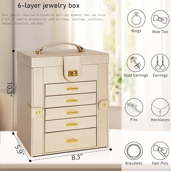 AKOZLIN 6-Tier Jewelry Box Organizer Functional Leather Jewelry Storage Case for Women Girls Ring Necklace Earring Bracelet Holder Organizer with Mirror - Image 6