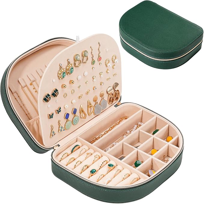 ProCase Travel Size Jewelry Box, Large Portable Seashell-Shaped Jewelry Case, 2 Layer Jewelry Organizer in PU Leather for Women -Emerald by ProCase