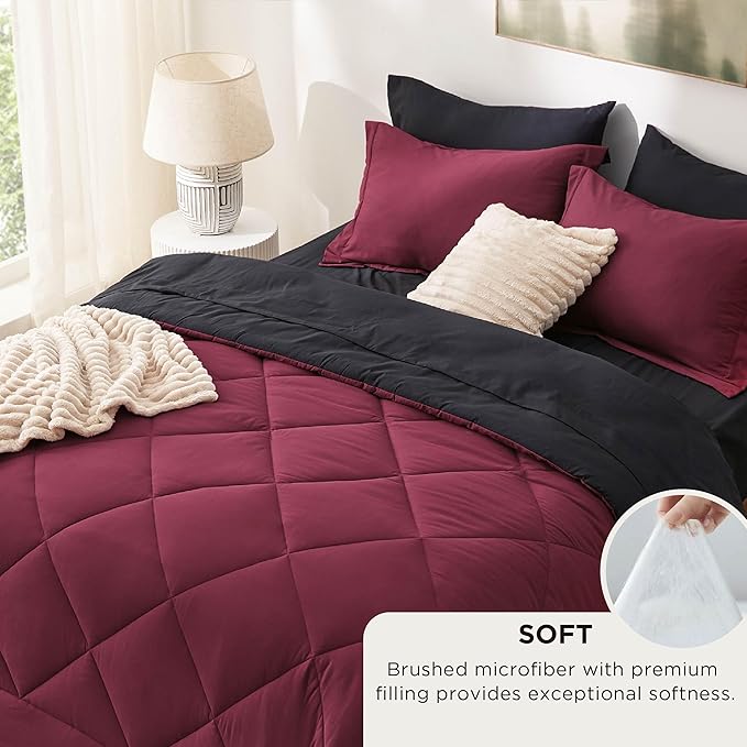 Bedsure Full Size Comforter Set - 7 Pieces Reversible Burgundy and Black Bedding, Full Size Bed Set for All Seasons, Bed in a Bag with Down Alternative Comforter, Sheets, Pillowcases & Shams