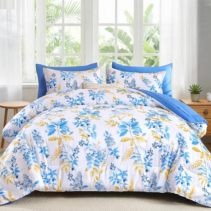Cottolester Teal Comforter Set Queen Size Floral 7-Piece Bedding Set,Botanical Comforter Set with Pillowcases,Soft Microfiber Complete Bedding Sets for All Season