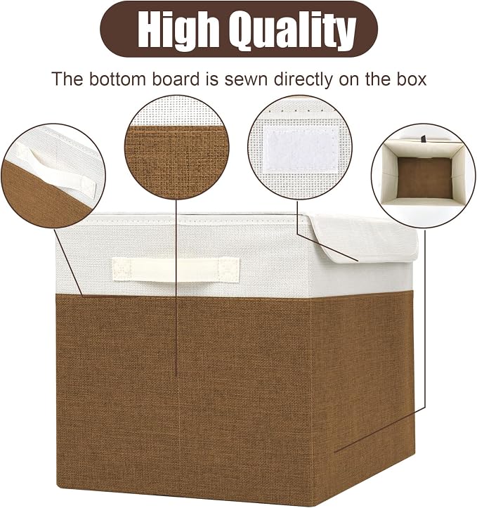 Large 17" 42 Quarts Collapsible Stackable Storage Bins with Lids [3-Pack] Foldable Fabric Linen Storage Boxes Cube, Closet Organizer Baskets with Label for Home (16.7 x 12 x 12", Brown & White) - Image 5