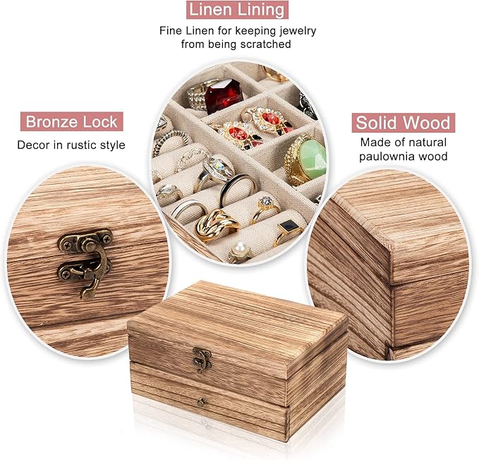 Pinzoveco Jewelry Box for Women, Rustic Wooden Jewelry Organizer Box for Storage Earrings Rings Necklace Bracelet, Farmhouse Style Wood Jewelry Boxes & Organizers (Torched Wood Color) - Image 5