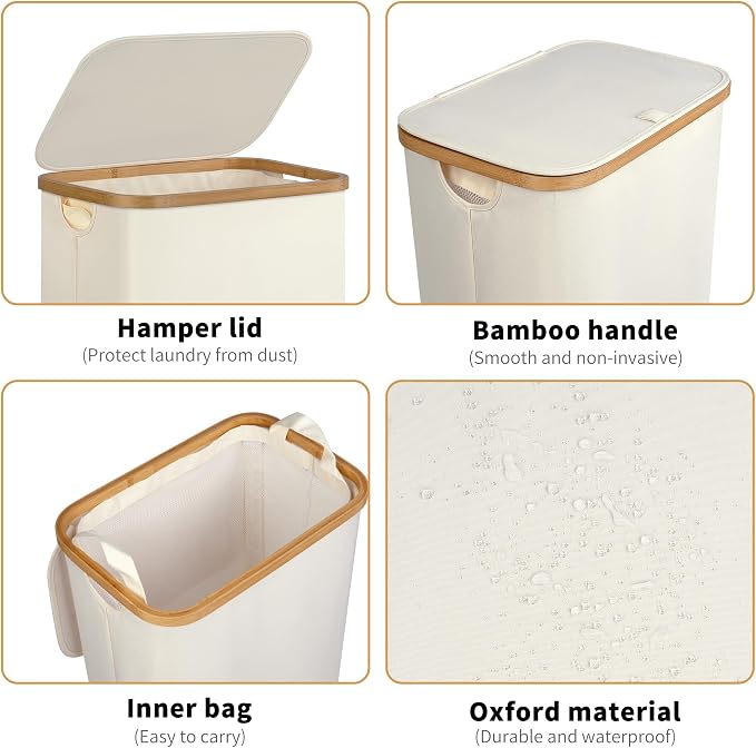 iEGrow 75L Slim Laundry Hamper, Narrow Laundry Basket with Lid,Foldable Clothes Hamper with Bamboo Handles,Hamper Basket with Removable Inner Bag for Laundry Room Bedroom College Dorm,19.8 Gals Pink - Image 2