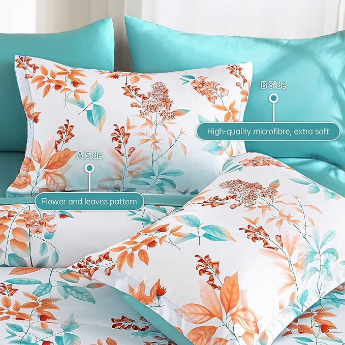 Cottolester Queen Comforter Set- 7 Pieces Floral Comforter Bed in A Bag,Coral Botanical Comforter Set with Pillowcases,Soft Microfiber Complete Bedding Sets for All Season