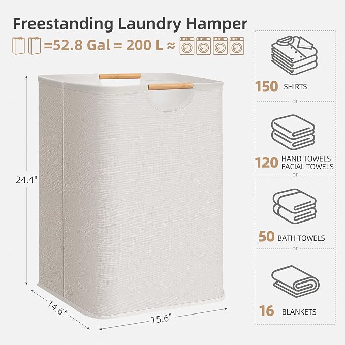 STORAGE MANIAC 2-Pack Large Laundry Hamper, 100L (26.4 Gal) Collapsible Laundry Basket with Bamboo Handles, Freestanding Waterproof Clothes Hamper for Laundry Room, Bedroom, Dorm, Towels, Toys, White - Image 4
