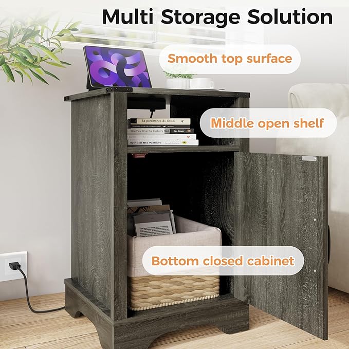 RoyalCraft 25" Tall Nightstands Set of 2, Farmhouse Nightstand with Charging Station, Large End Table with Storage, Wood Grey Bedside Table for Bedroom, Dark Grey