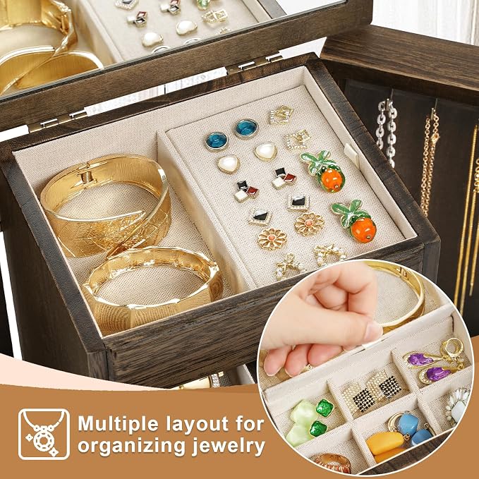 Jewelry Box for Women, Rustic Wooden Jewelry Boxes & Organizers with Mirror & Drawers,6 Layer Jewelry Organizer Box for Rings Earrings Necklaces Bracelets (Vintage) - Image 4