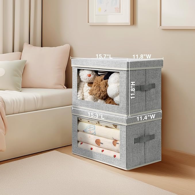 Homsorout Large Storage Baskets Bins with Lids - Stackable Cube Bins for Closet, 3 Pack Windows Organizer Bins, Home Organizers and Storage for Clothes, CD, Towels, Light Grey - Image 2