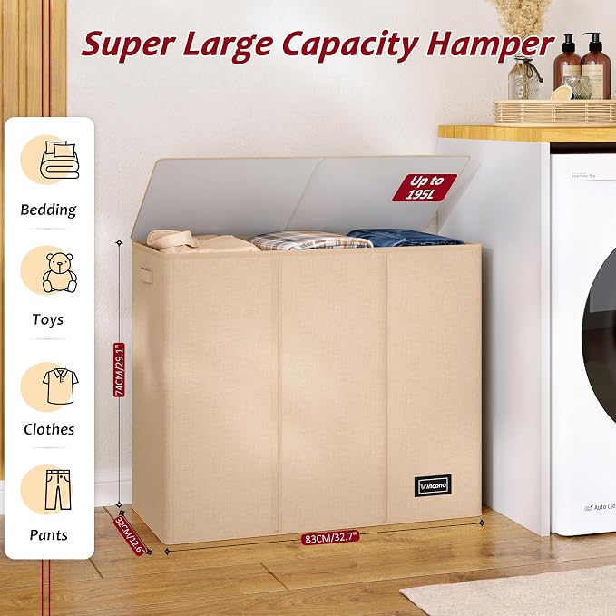 195L Laundry Hamper 3 Section,Large Laundry Hamper with Lid,Dirty Clothes Hamper with 3 Inner Bags,Collapsible Laundry Basket Organizer for Laundry Room,Bedroom,Laundry Sorter Hamper 3 Compartment - Image 2