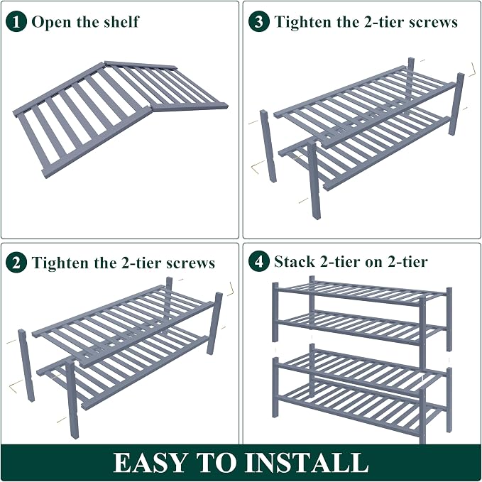 Smiry Bamboo Shoe Rack for Closet, 4 Tier Wooden Stackable Shoe Organizer, Free Standing Shoes Storage Shelf for Entryway, Front Door Entrance, Grey - Image 6