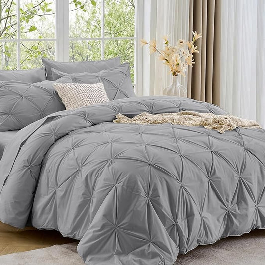Sasttie King Size Comforter Set, 7-Piece Bed in a Bag, Pintuck Bedding Sets for All Season, Includes Comforter, Flat Sheet, Fitted Sheet, Pillowcases and Pillowshams, Light Grey