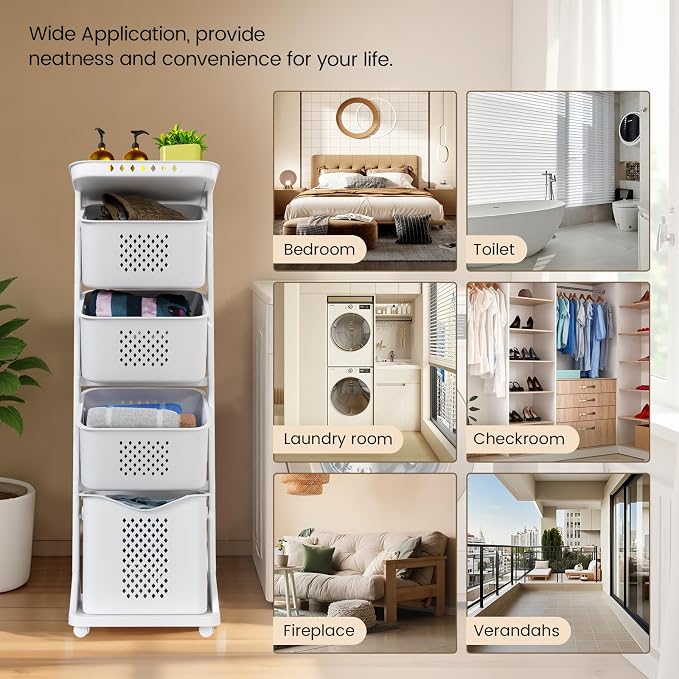 BAOKALER 4-Tier Laundry Hamper Sorter, Vertical Rolling Laundry Baskets with Wheels Removable, Stackable Laundry Cart Organizer and Storage for Small Space, Dorm, Closet, Bathroom - Image 7