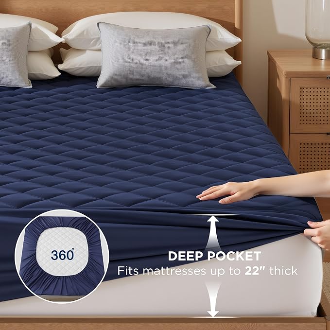 Bedsure Full Mattress Protector, Quilted Mattress Topper Full with Deep Pocket up to 22 Inches, Soft Breathable Noiseless Bed Cover, Waterproof Bed Pad for Home, Bedroom, Hotel - Navy Blue