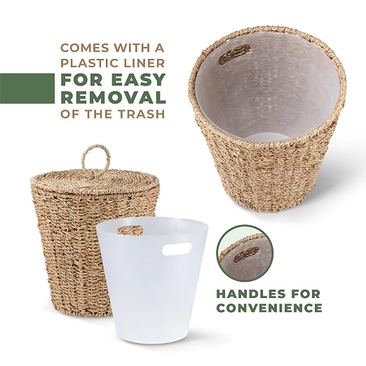 84ECO 3 Gallons Seagrass Waste Basket with Lid and Liner - Wicker Trash Can - Image 2