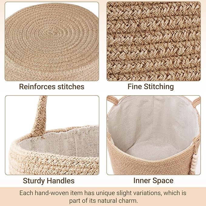 Mkono Woven Storage Basket Decorative Natural Rope Basket Wooden Bead Decoration for Blankets,Toys,Clothes,Shoes,Plant Organizer Bin with Handles Living Room Home Decor (Brown, 28 x 28cm) - Image 6