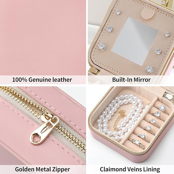 Genuine Leather Travel Jewelry Case Organizer with Mirror for Women, Small Jewelry Box Portable Mini Jewelry Case for Earring, Ring, Necklace, Bracelet(Pink) - Image 5