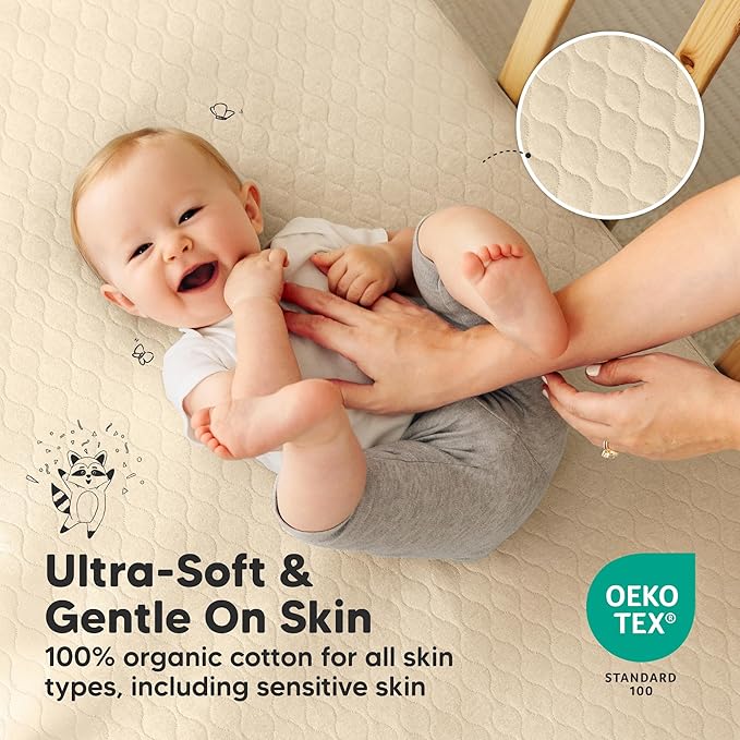 2-Pack Waterproof Crib Mattress Protector Cover Fitted - Quiet Baby Crib Mattress Pad Sheets, 52" x 28" Soft Quilted Cotton Baby Sheet, Machine Washable, Easy Fit, Durable (Khaki/Mavy)