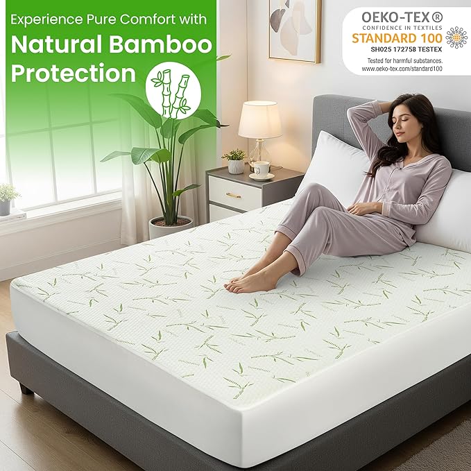 Hannah Linen Twin Mattress Protector, Cooling Rayon dervied from Bamboo Viscose, 100% Waterproof - Fitted Sheet Style, Deep Pocket