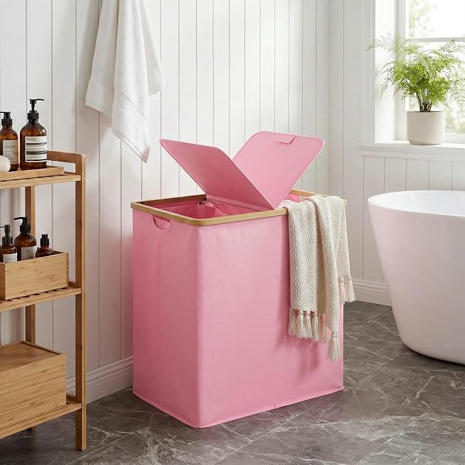 efluky Laundry Hamper with Lid, Double Laundry Hamper with 2 Removable Bags, 2 Section Laundry Basket with Bamboo Handles for Bathroom, Bedroom & Laundry Room (Pink, 140L Dual) - Image 5