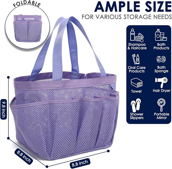 GYEUKHAM Large Mesh Shower Caddy Portable with 8-Pocket for College Dorm Room Essentials,Quick-Dry Handing Shower Basket Tote Bag for Toiletry, Bathroom,Beach,Camp,Gym,Purple - Image 4