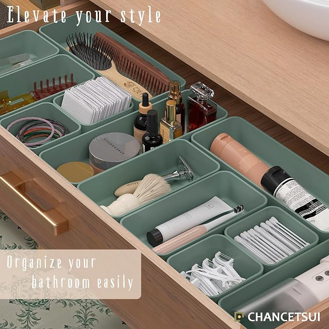 CHANCETSUI 6 PCS Stackable Drawer Organizers Set, Versatile Desk and Vanity Drawer Organizer Trays, Storage Bins for Makeup, Bathroom, Bedroom, Kitchen and Office, Green - Image 2