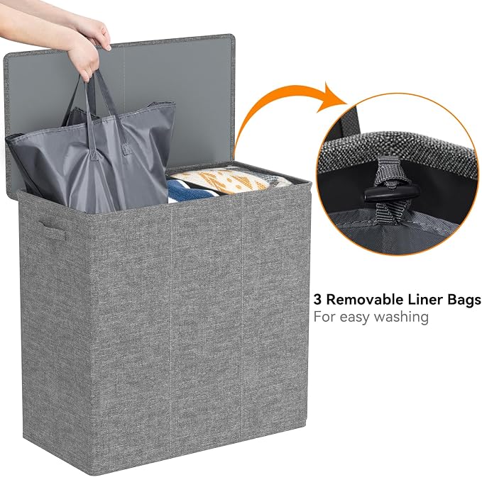 WOWLIVE 180L Laundry Hamper with Lid 3 Section,Large Laundry Basket with Removable Bags and Handles,Collapsible Dirty Clothes Hampers for Laundry,Laundry Basket Organizer for Laundry Room,Dorm,Grey - Image 6