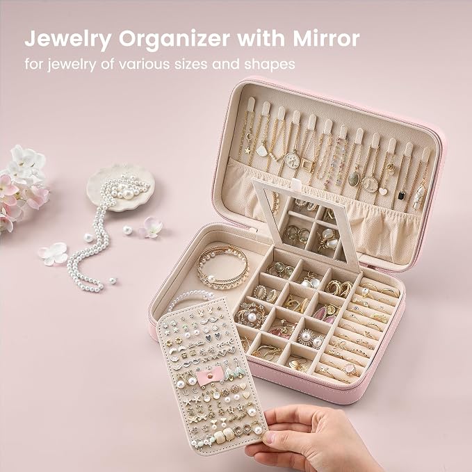 Lolalet Travel Jewelry Case for Women Girls, Travel Jewelry Organizer Box with Mirror & Clear Storage Bag, Small Portable Earring Necklace Bracelet Ring Case, Birthday Valentine Gifts -Large, Pink - Image 2