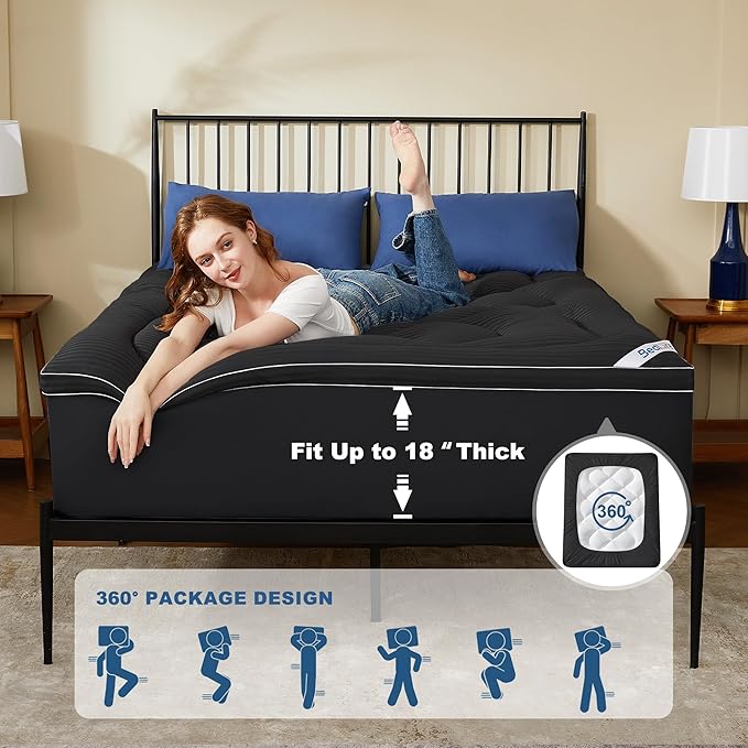 BEDLORE King Mattress Topper, Thick Pillow Top Pad for Back Pain Relief, Soft Mattress Cover with Deep Pockets 6-18 inch(Black)
