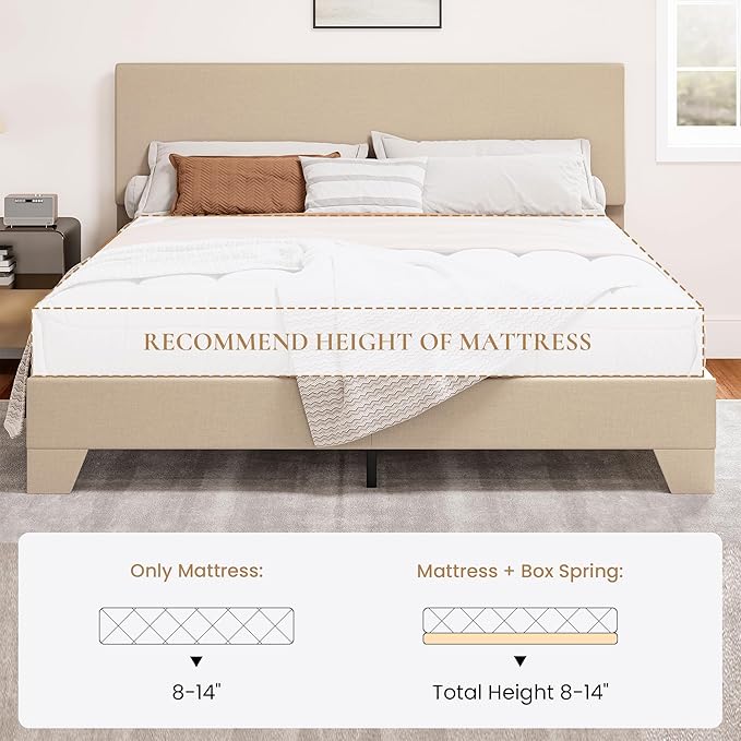 SHA CERLIN Upholstered Queen Size Bed Frame with Adjustable Headboard, Stable Mattress Foundation, Strong Back-Support, No Box Spring Needed, Beige