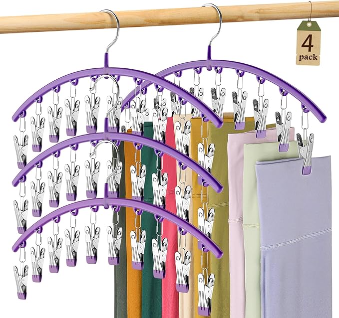 Legging Organizer for Closet, Metal Yoga Pants Hanger w/Rubber Coated 4 Pack w/10 Clips Hold 40 Leggings, Hangers Space Saving Hanging, Closet Organizers and Storage-Purple by Volnamal