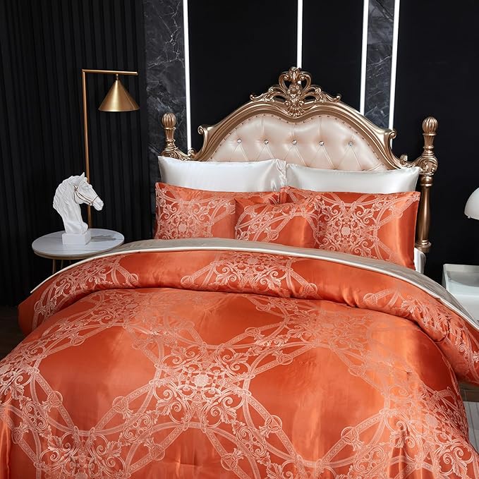 Jacquard Full Comforter Set with Beige Sheet Set Orange Bedding Set 8 Pcs Embroidery Neoclassical Floral Elegant Bed Home Decor Soft Down Comforter Luxury Hotel Silky Bed in a Bag with 1 Cushion Cover