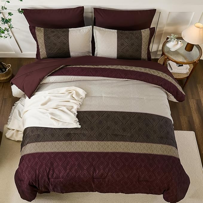 Dinjoy Burgundy King Size Comforter Set,Striped Boho Bed in a Bag King 7 Pieces Soft Fall Bedding Comforters Sets wiht Sheets Microfiber Complete Bed Sets for All Season