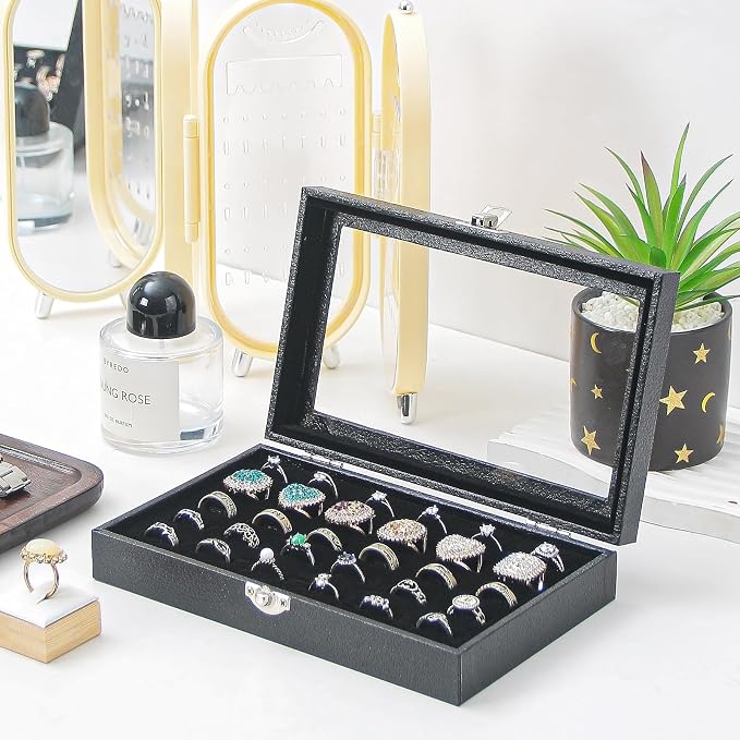 Ring Display Case,Jewelry Ring Organizer Box For Rings,Ring And Earring Holder Box For Girl,Velvet Ring Display Tray (Black, 30 slots) - Image 2
