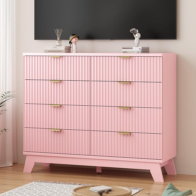 Xixini Fluted Dresser for Bedroom with 8 Drawers, 48" Wide Modern Chest of Drawers with Metal Handle, Wooden Dresser TV Stand, Wood Closet Clothes Storage Organizer for Living Room, Hallway, Pink