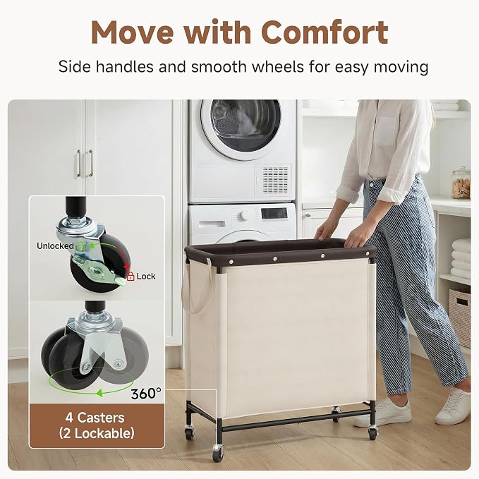 StorageWorks 3 Section Laundry Hamper, Rolling Laundry Cart with Wheels and Handles, Laundry Room Double Sorter for Organizer and Storage, 31.7 Gal(120L), Beige - Image 4