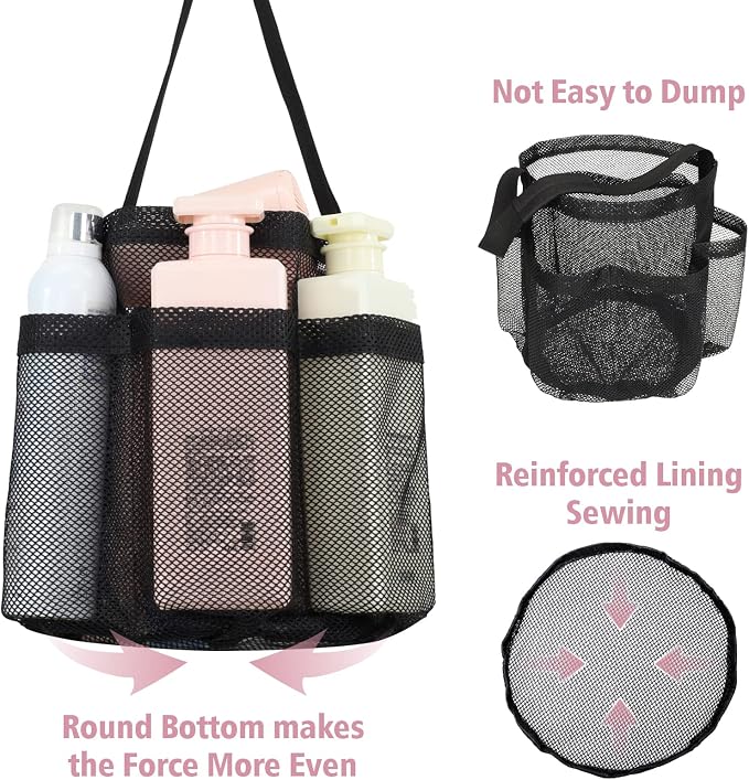 F-color Mesh Shower Caddy Portable, Large Capacity Shower Bag Basket Tote for College Dorm Room Toiletry Gym Rv Essentials, Bathroom Caddy Bag with S Hook, Black - Image 5