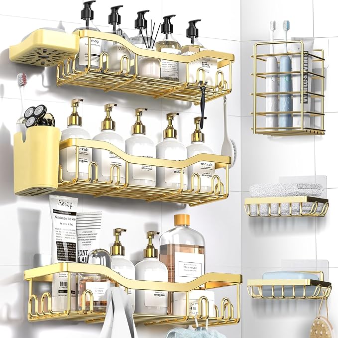 NESOMI Shower Caddy Adhesive Shower Organizer 8-Pack, Rustproof Stainless Steel Bathroom Shelves, Large Capacity No-Drill Rack Storage Accessories with Soap Dish Toothbrush Holder Hooks by OrganizeYourHomeEssentials