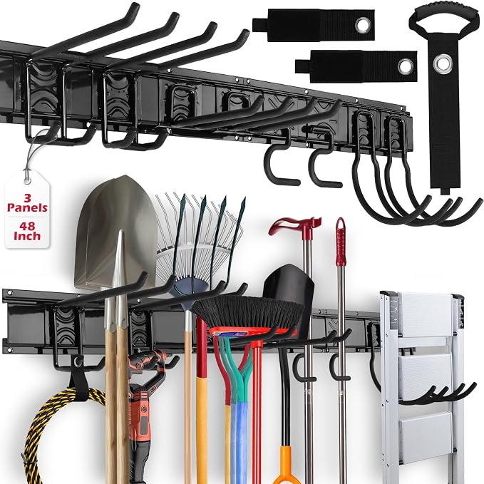 SEDY 48" Heavy Duty Garage Wall Organizer, Wall Mount Tool Storage Rack with Adjustable Hooks, Garden Tool Organizer Hold Up to 300lbs, Easy Installation (3 Panels, 8 Hooks, 3 Straps) by SEDY