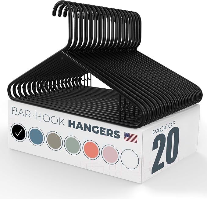 Neaties Plastic Hangers 20 Pack – Made in The USA – 6lb Capacity Standard Clothes Hangers with Strap Hooks for Dresses, Lingerie, Shirts, Pants, and Jackets – Black by NeatiesHangers