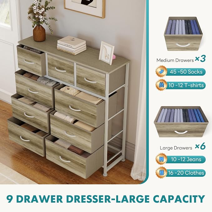OLIXIS 9 Drawer Storage Dresser with Wood Top - Wide Fabric Chest Organizer for Bedroom, Closet, Living Room,Tower Cabinet, TV Stand, Hallway Entryway Furniture,Oak Greige - Image 4